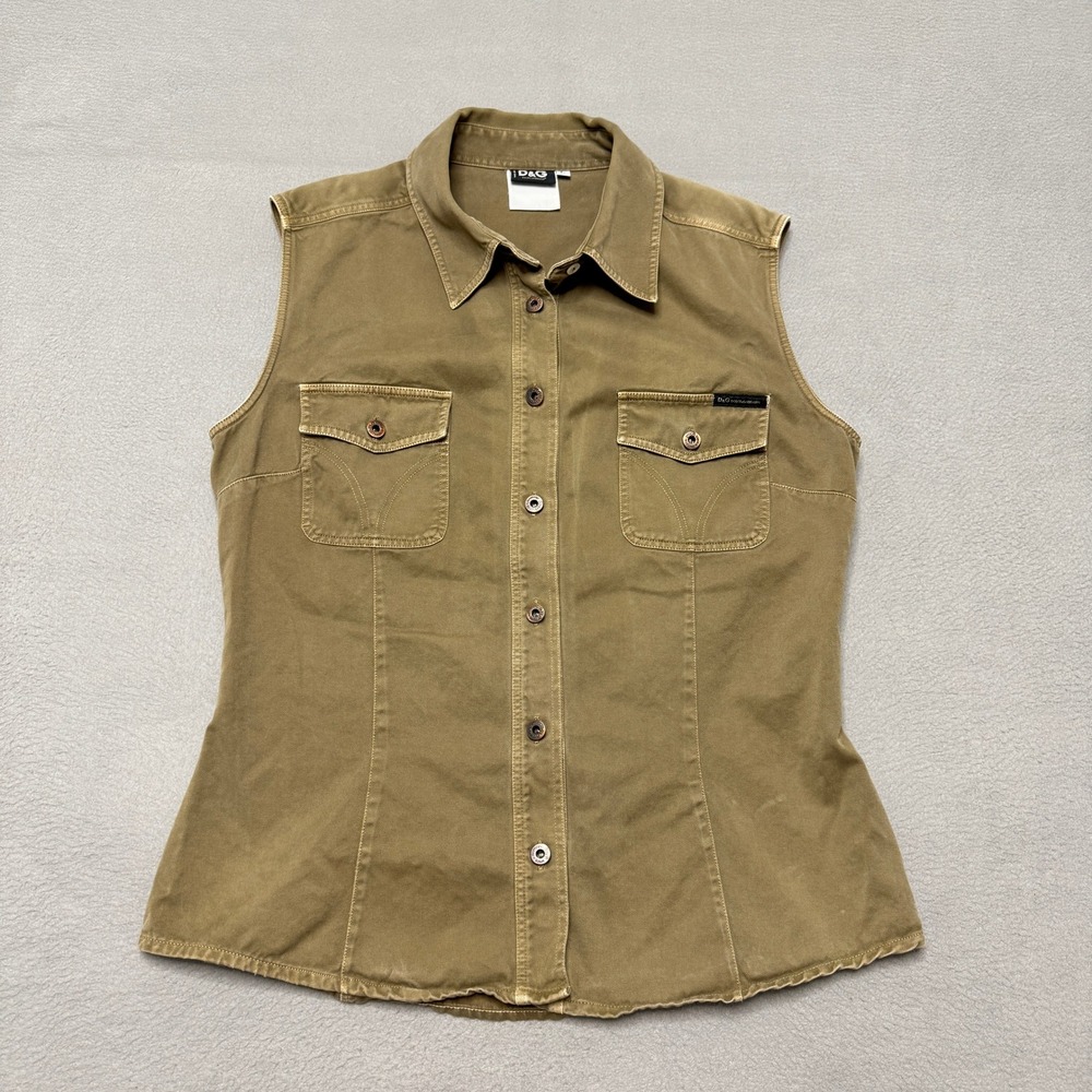 D&G Dolce & Gabbana Shirt Women L Olive Green Sleeveless Cotton Twill Top